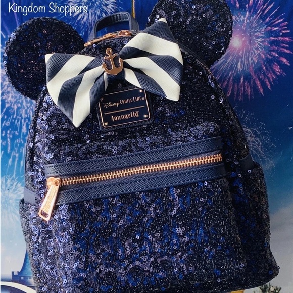 Disney Loungefly Cruise Line Minnie Mouse Navy Blue Sequin Backpack NWT - Picture 9 of 9